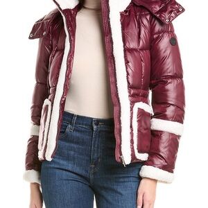 Burgundy Puffer Jacket with White Trim a French connection